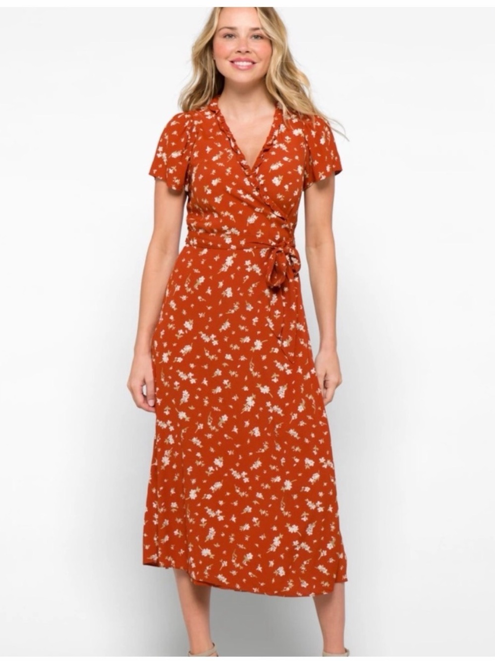 Madewell Rust Floral Wrap Midi Dress